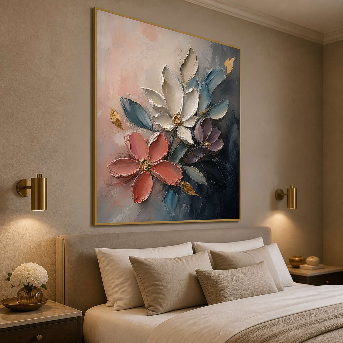 Textured modern flower painting displayed in a restful luxury bedroom.