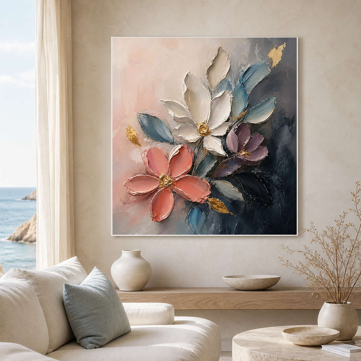 Blush and blue floral artwork displayed in a luminous ocean-view lounge.