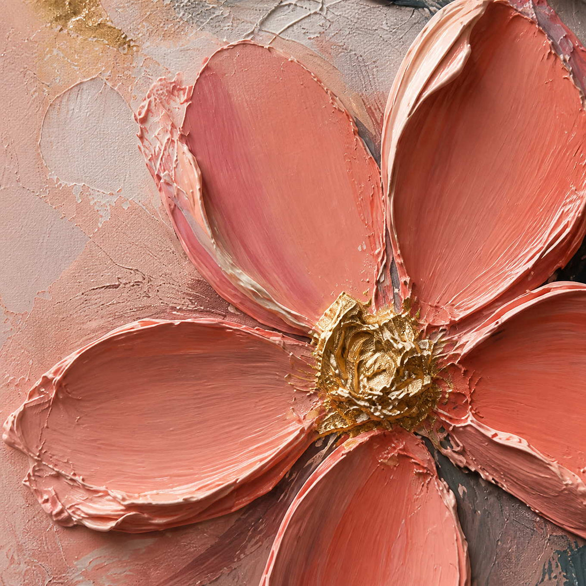 Close-up of raised palette-knife petals and metallic gold accents.