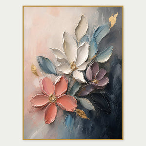 Coral, ivory, and plum palette-knife flowers against blush and deep blue.