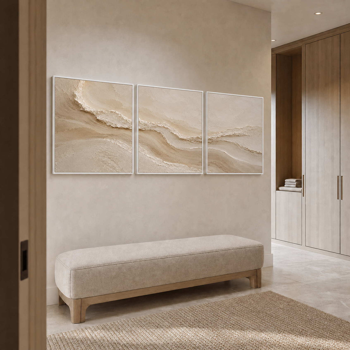 Neutral Textured Art Set displayed in a refined bathroom.