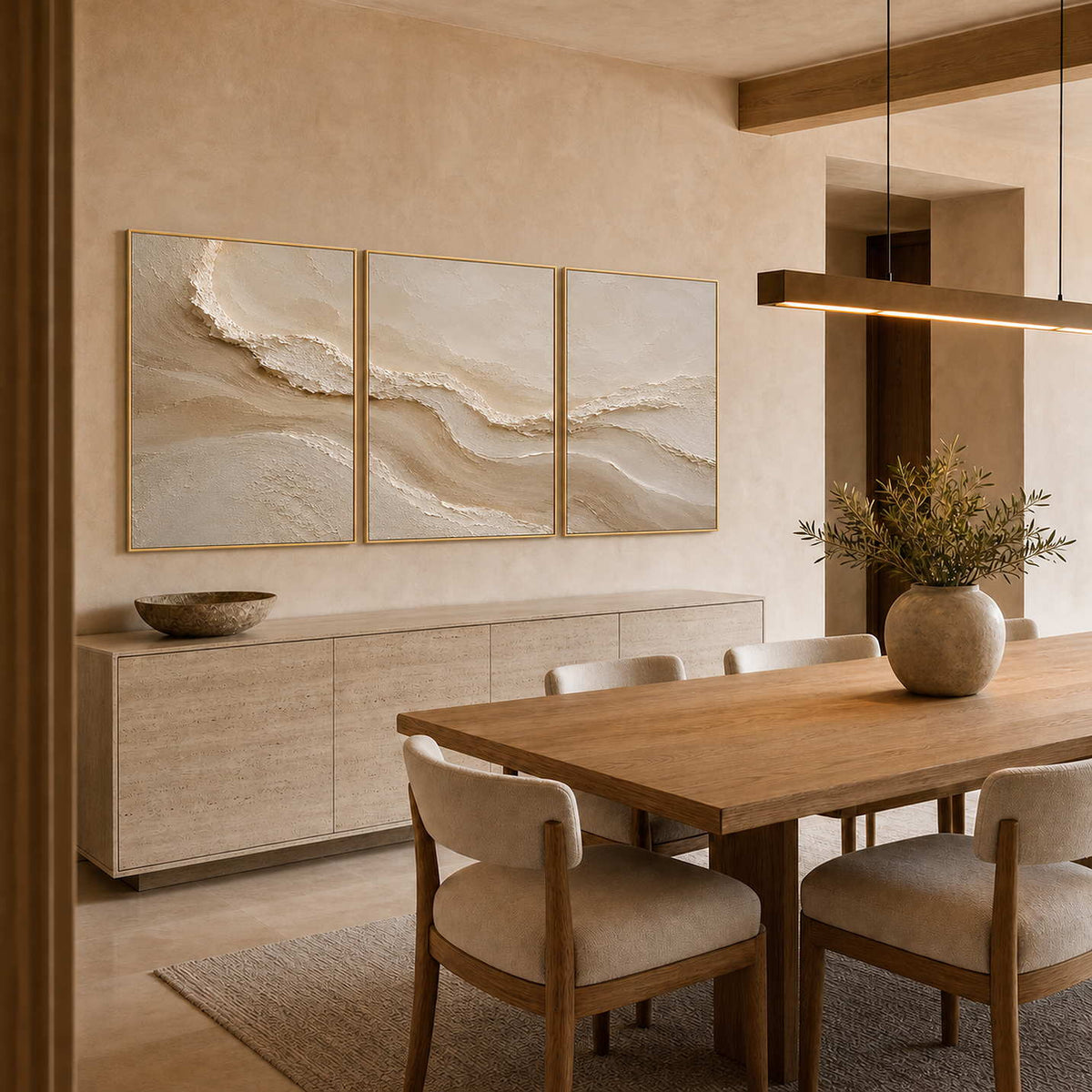 Neutral Textured Art Set displayed in a refined dining room.
