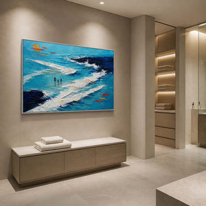 Textured turquoise shoreline wall art displayed in a serene luxury bathroom.