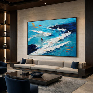 Modern turquoise and navy coastal wall art displayed in a commercial lounge.