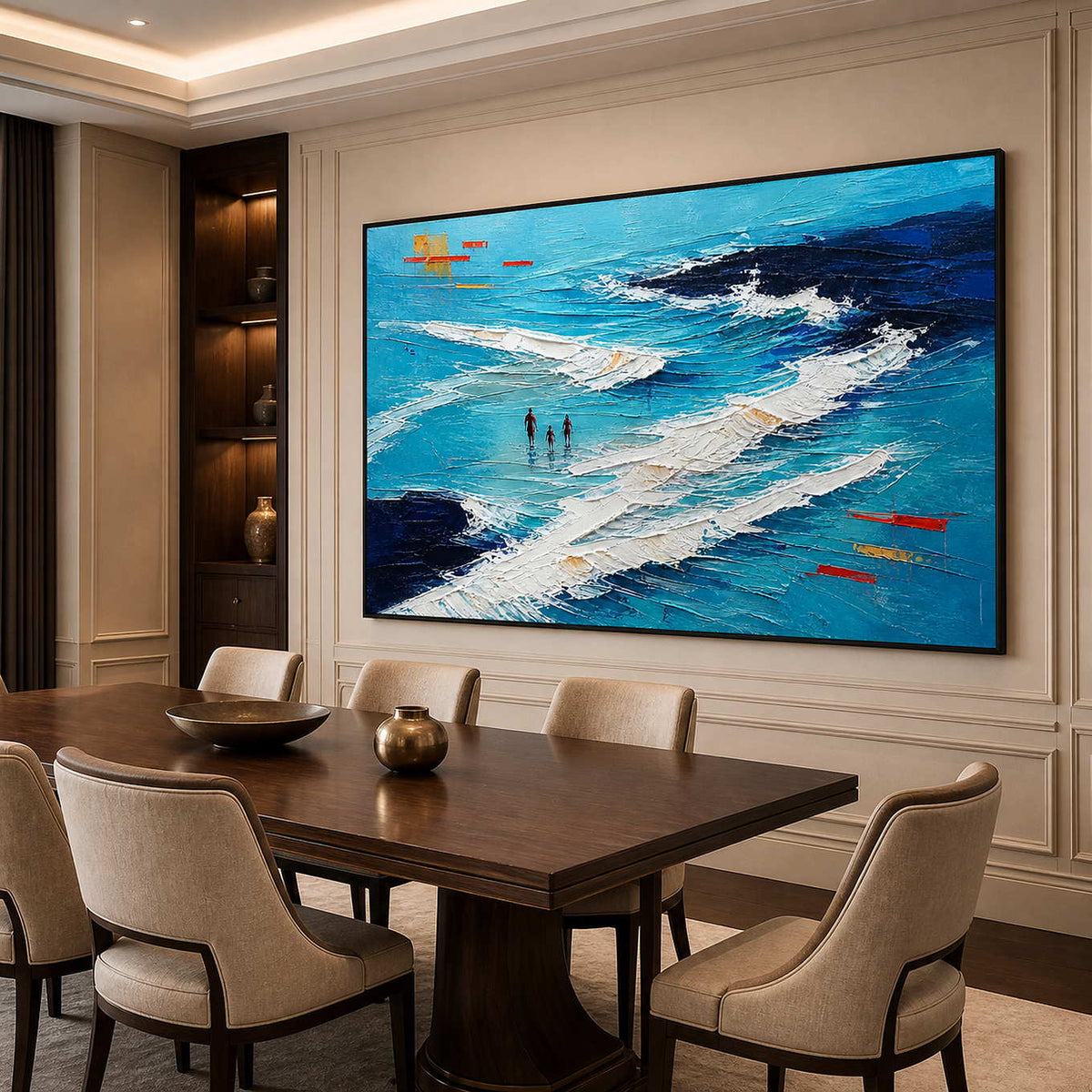 Bright blue textured shoreline wall art displayed in a refined dining room.