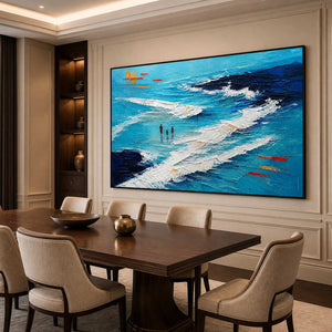 Bright blue textured shoreline wall art displayed in a refined dining room.