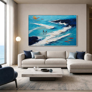 Blue textured coastal wall art displayed in a modern luxury living room.