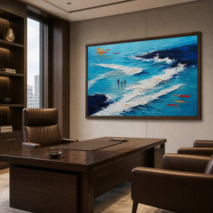 Horizontal blue and white coastal wall art displayed in a modern private office.