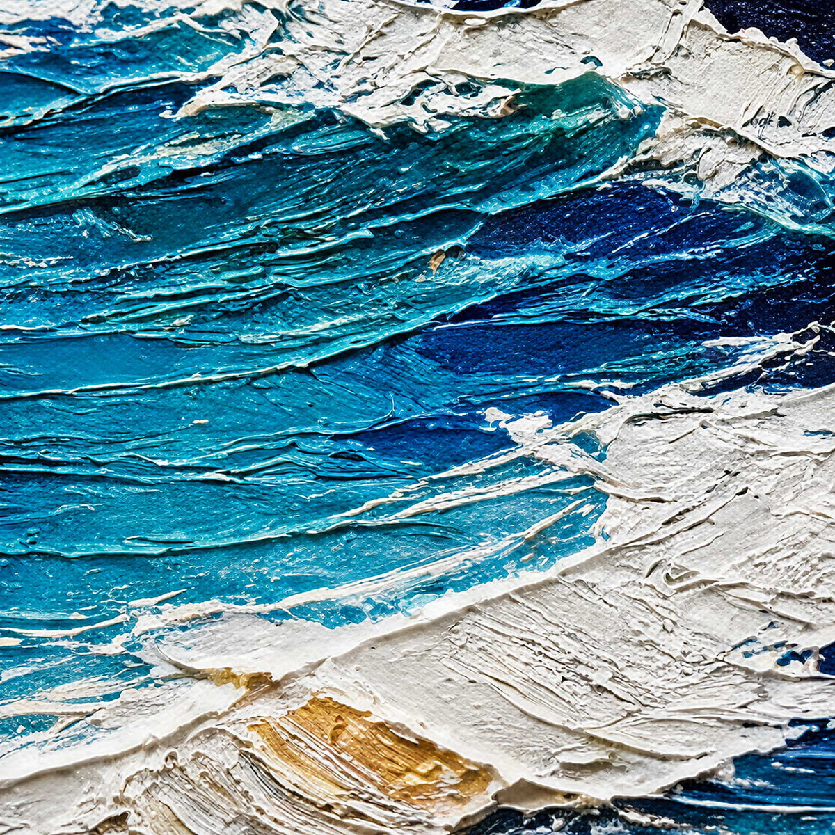 Close-up of layered turquoise, cobalt, navy, and white palette-knife surf texture.