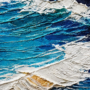 Close-up of layered turquoise, cobalt, navy, and white palette-knife surf texture.