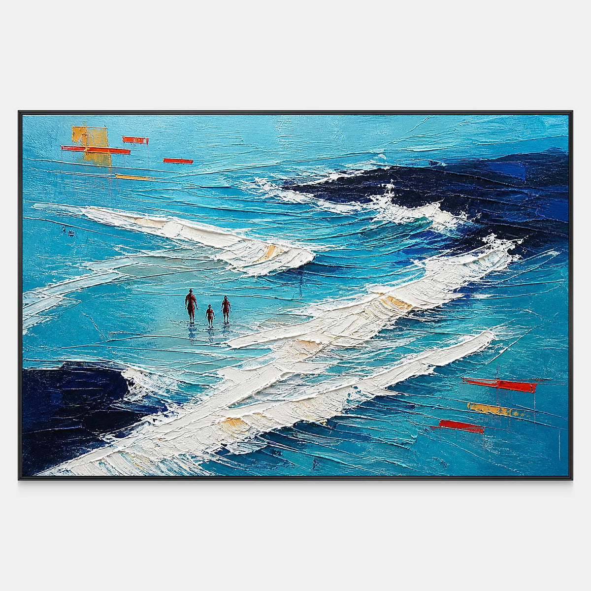 Hand-painted coastal wall art with three figures among turquoise, cobalt, navy, and white surf.