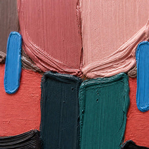 Close-up of raised blush, coral, blue, and deep green painted texture.