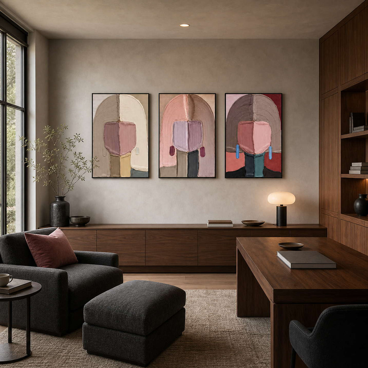 Three-panel figurative artwork displayed in a dark contemporary home office.