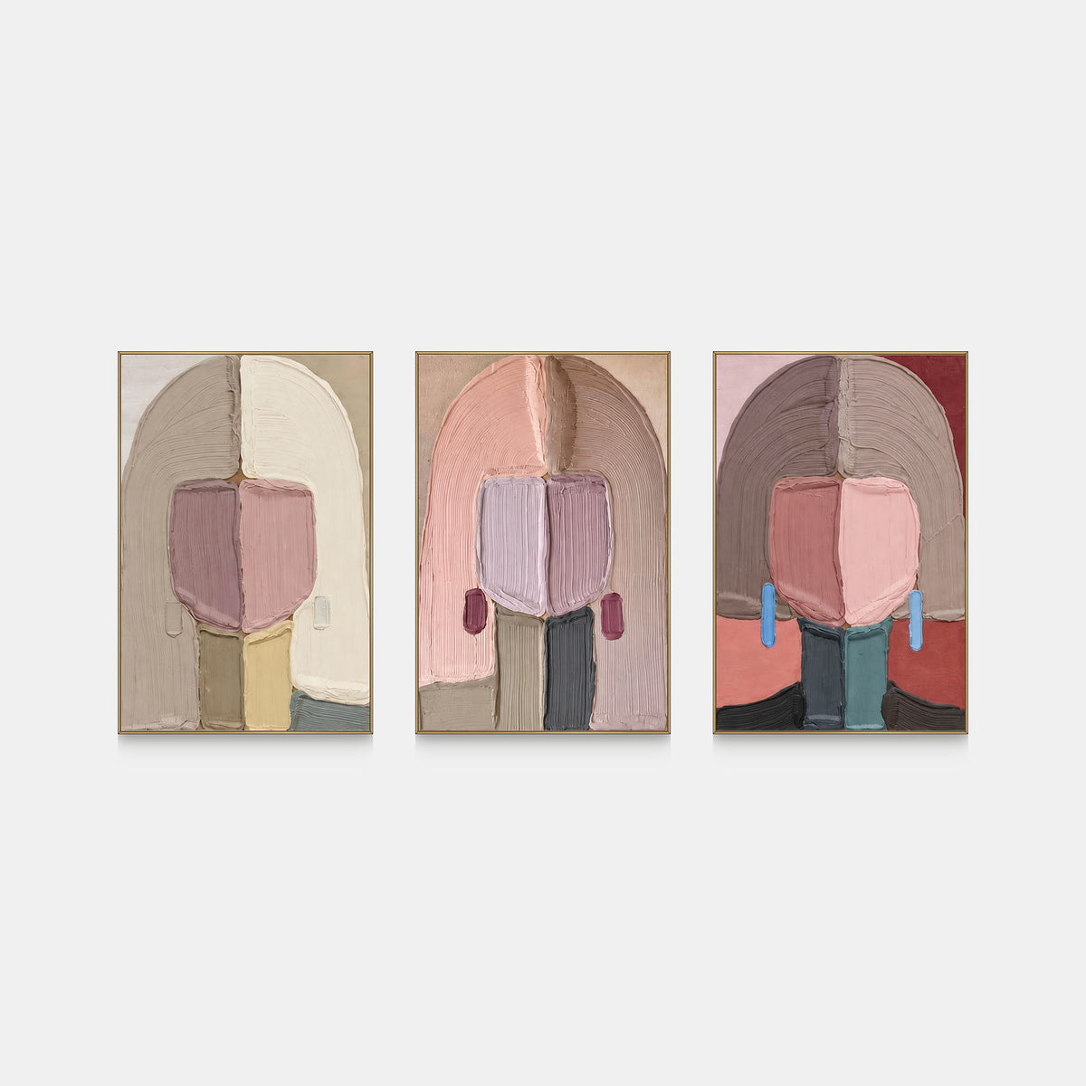 Hand-painted three-panel portrait set in blush, lavender, and deep green.