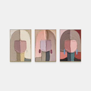 Hand-painted three-panel portrait set in blush, lavender, and deep green.