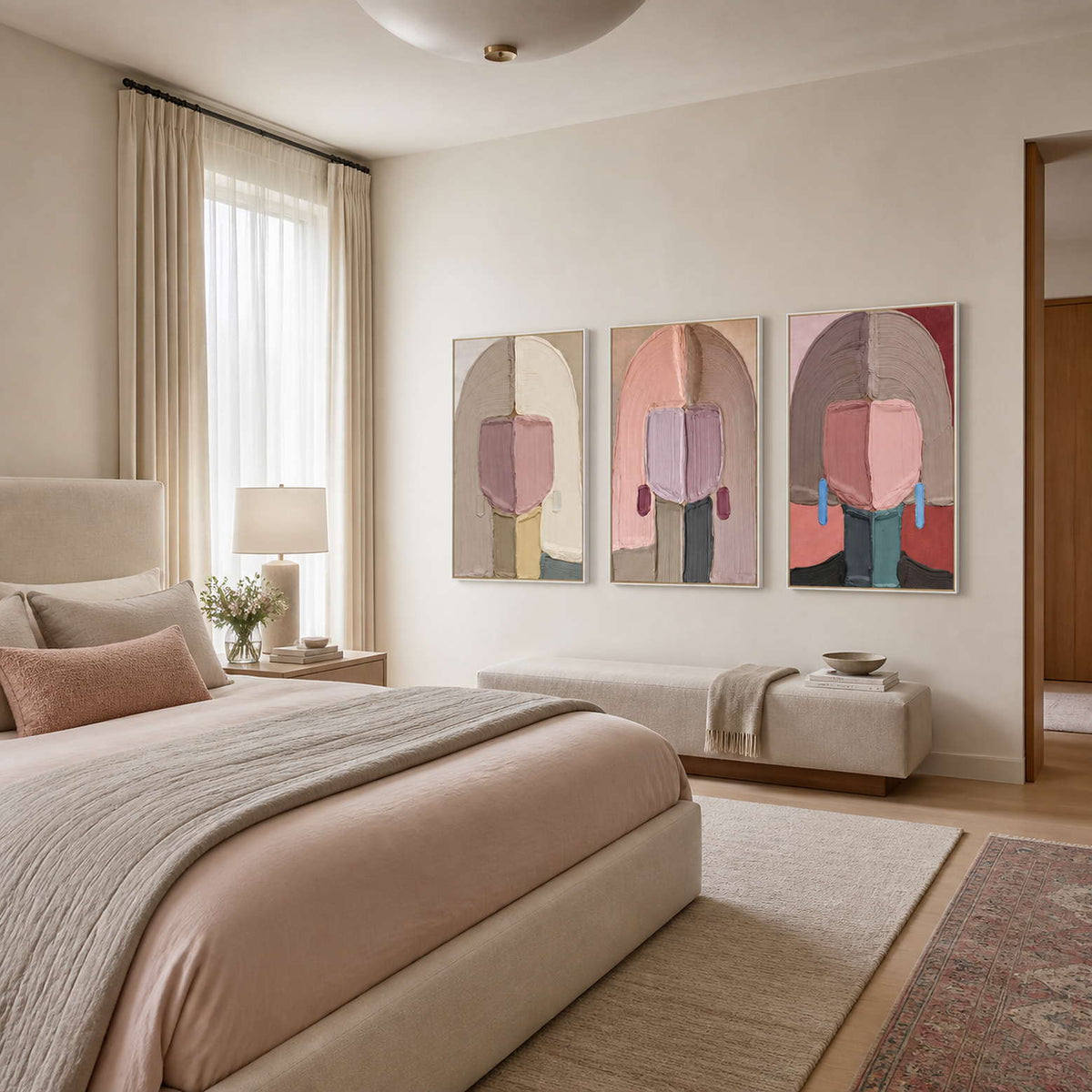 Soft-color portrait set displayed in a serene modern bedroom.
