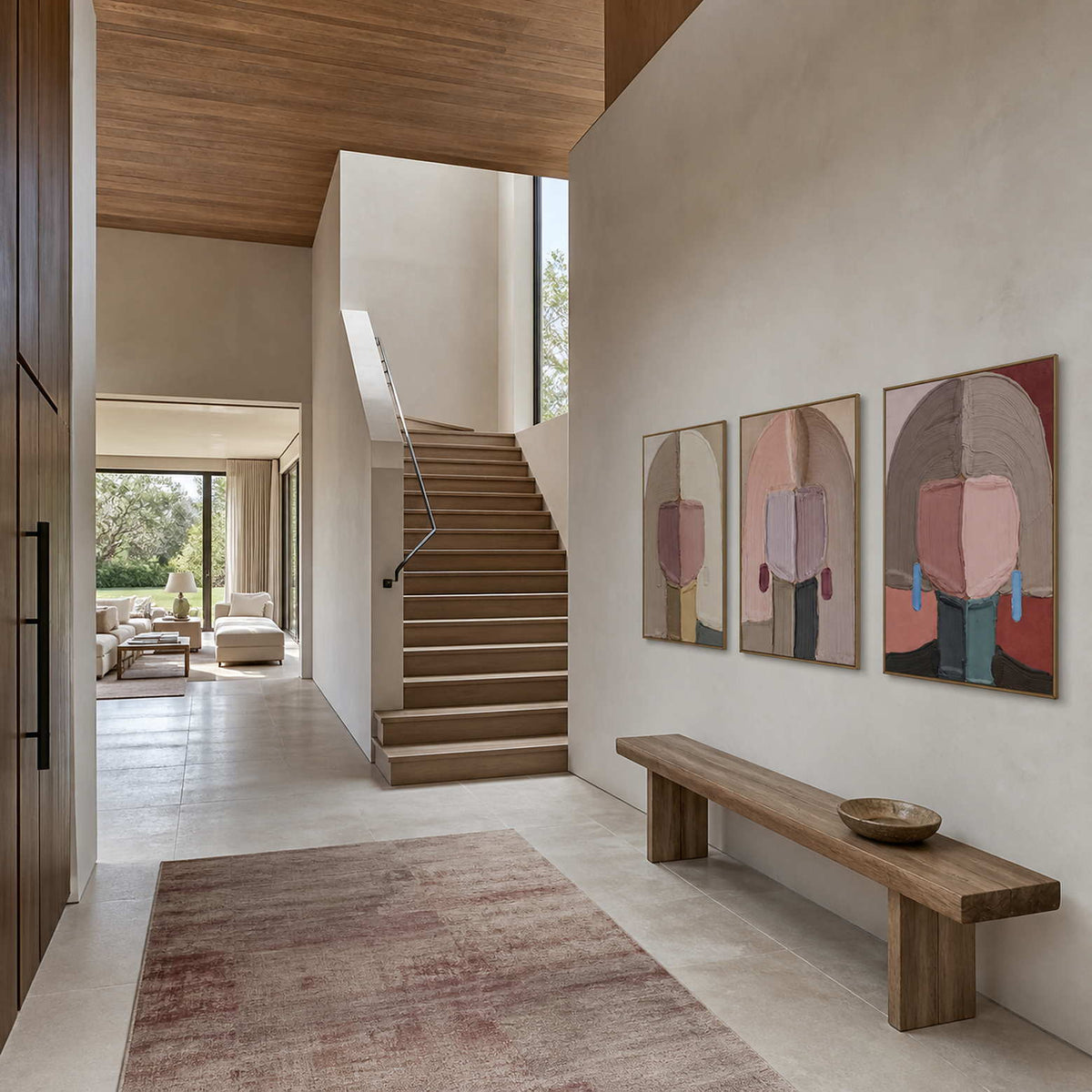Textured portrait triptych styled along a warm wood residential entryway.