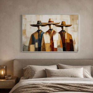 Three-figure wall art displayed above a warm neutral bedroom.