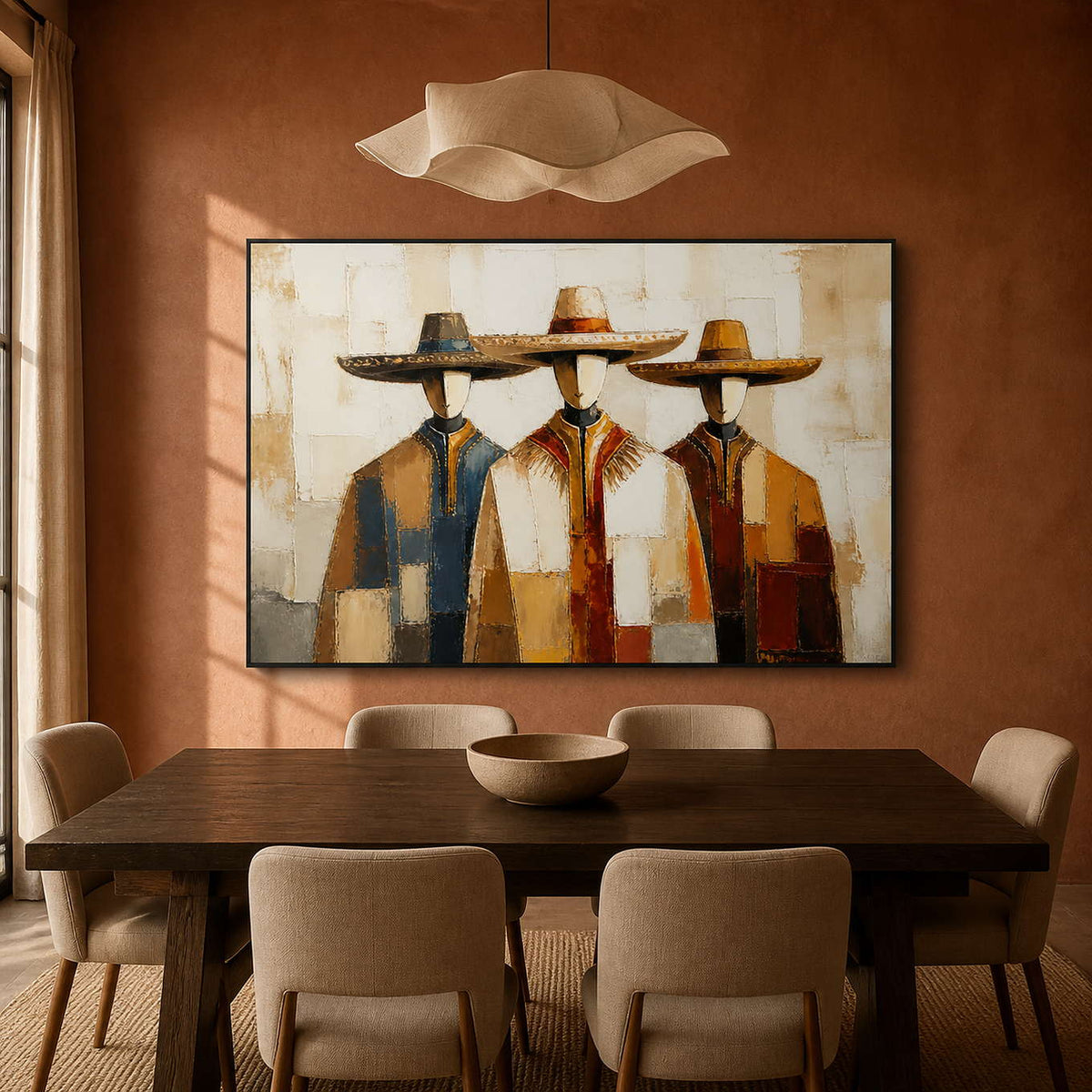 Western figurative artwork displayed in a terracotta dining room.