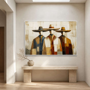 Textured figurative painting displayed above a pale stone entryway console.