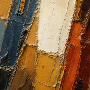 Close-up of layered navy, ivory, ochre, and rust palette-knife texture.