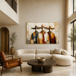 Textured western figurative wall art displayed in a bright modern living room.