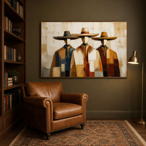 Earth-toned western artwork displayed in a dark olive reading room.
