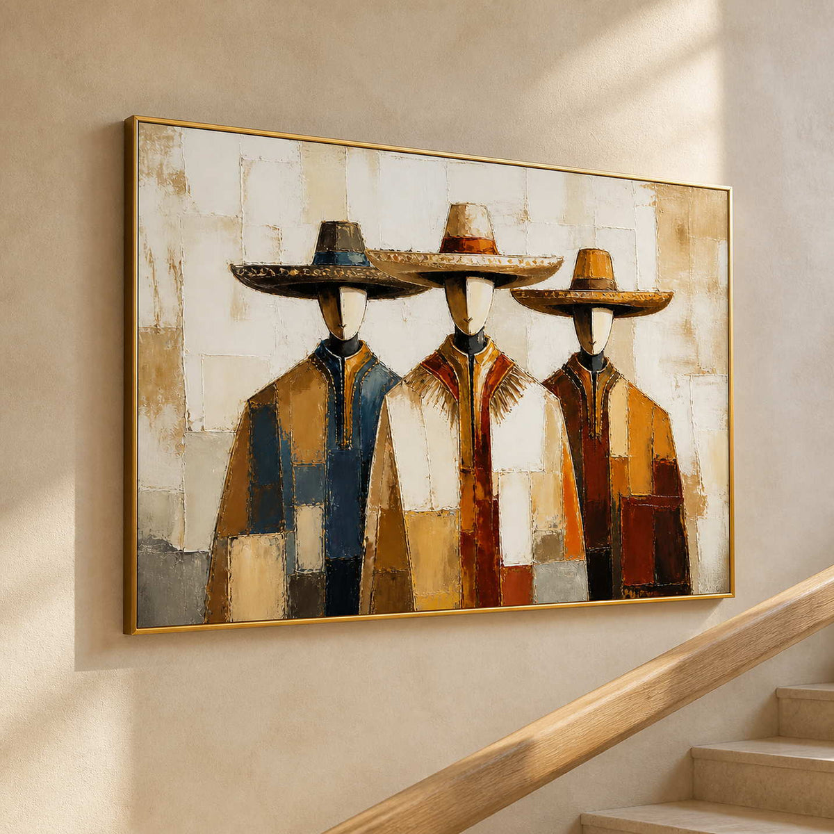 Horizontal western figurative art displayed beside a warm wood stairway.
