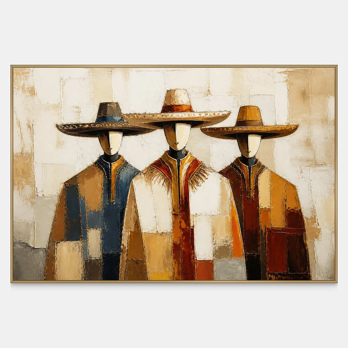 Horizontal painting of three faceless figures in wide-brim hats and earth-toned coats.