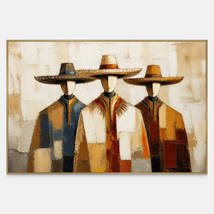 Horizontal painting of three faceless figures in wide-brim hats and earth-toned coats.