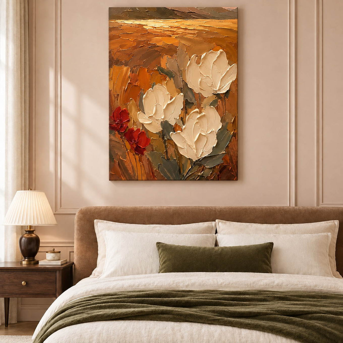 Textured cream flowers painting against an amber and rust background without an outer frame in a bedroom.