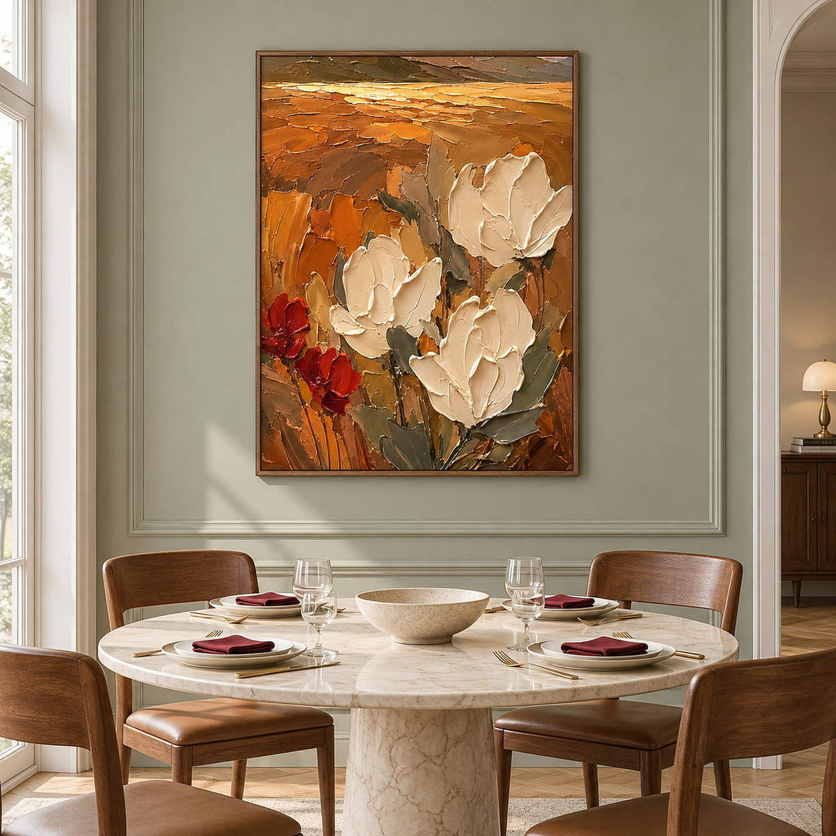 Textured cream flowers painting against an amber and rust background in a brown wood frame in a dining room.
