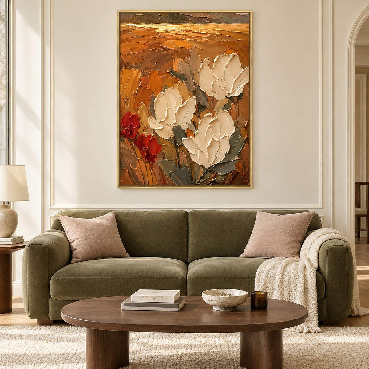 Textured cream flowers painting against an amber and rust background in a gold frame in a living room.