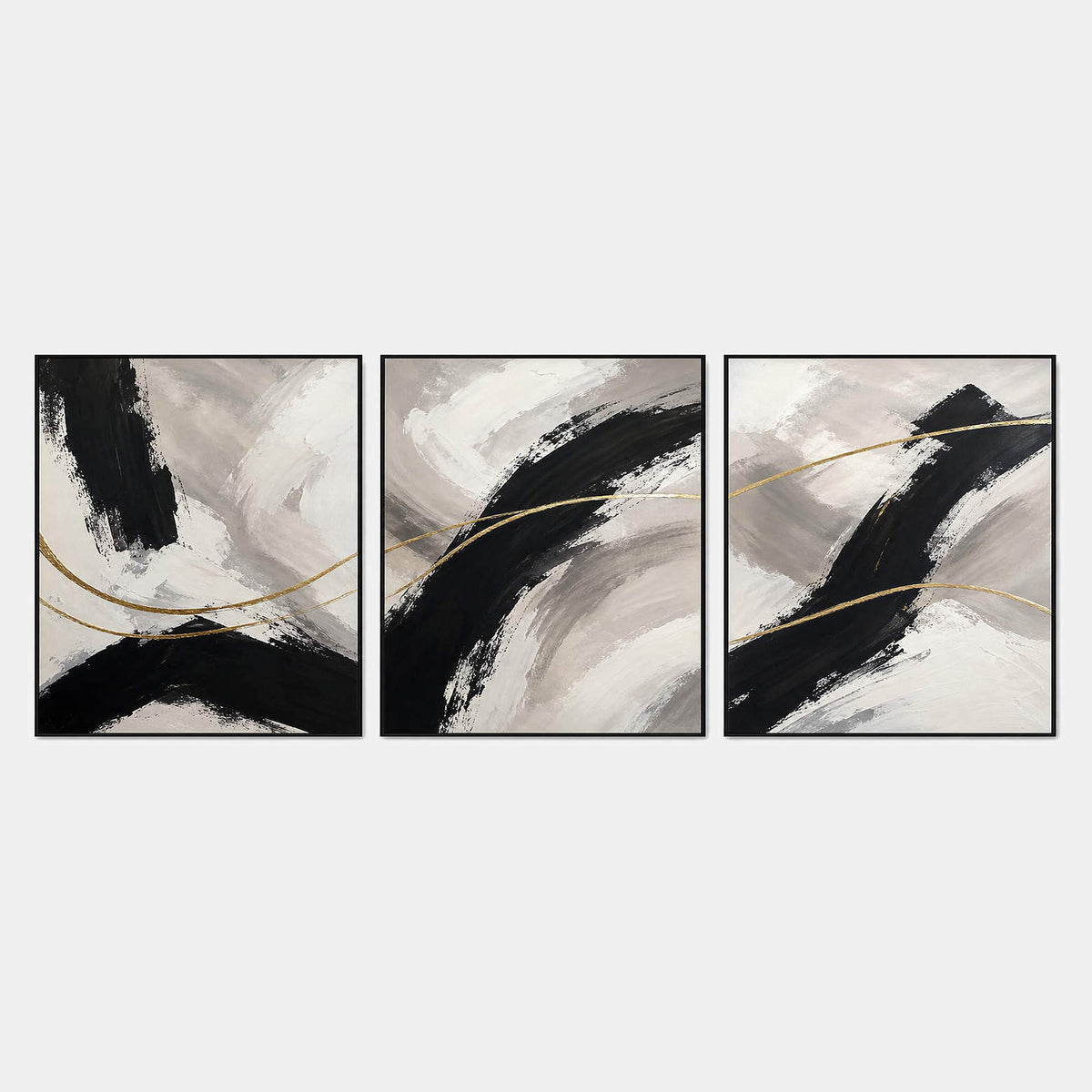 Three vertical abstract panels with black gestures, ivory fields, and gold lines.