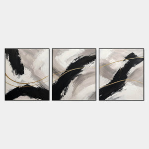 Three vertical abstract panels with black gestures, ivory fields, and gold lines.