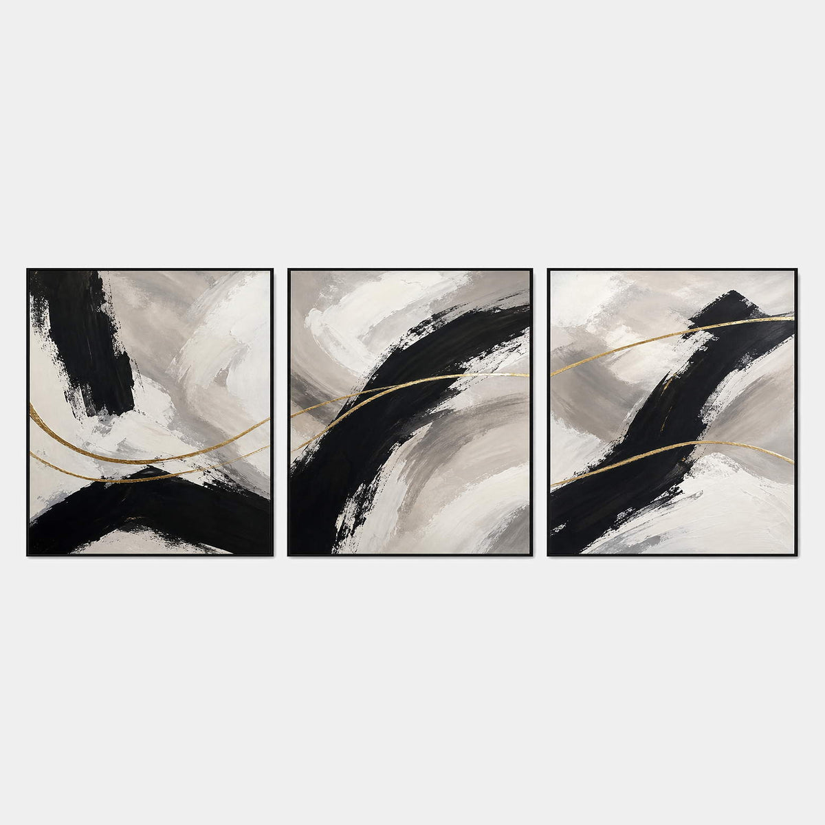 Three vertical abstract panels with black gestures, ivory fields, and gold lines.