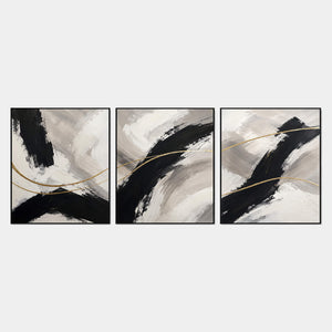 Three vertical abstract panels with black gestures, ivory fields, and gold lines.