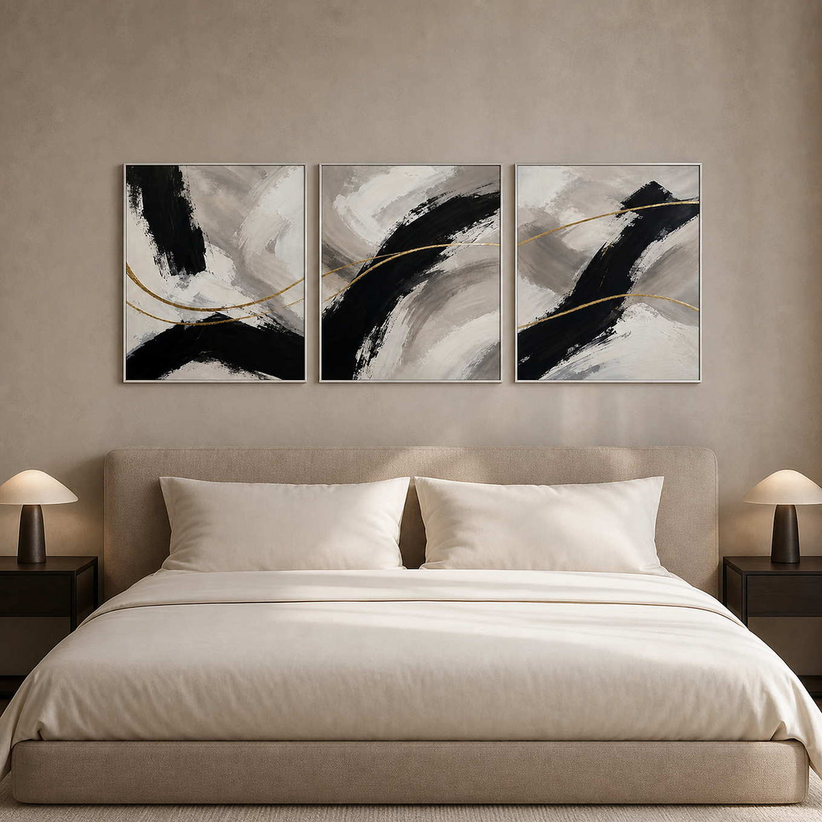 Textured abstract triptych displayed above a bed in a quiet modern bedroom.
