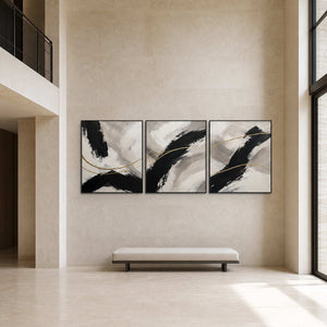 Large abstract triptych displayed across a dramatic double height foyer wall.