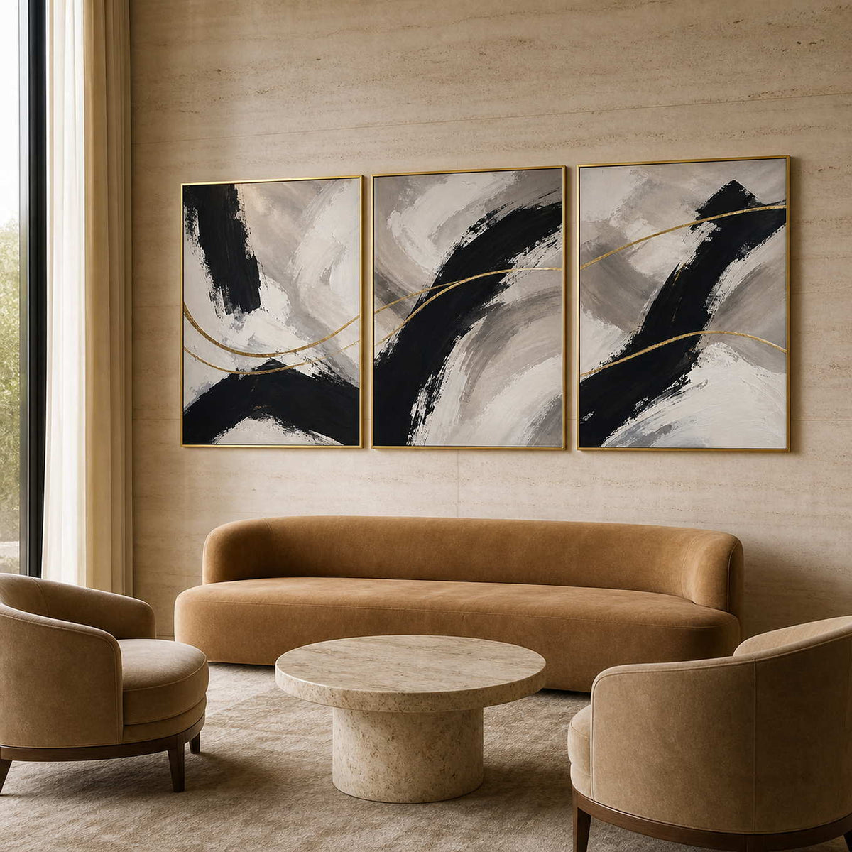 Textured three-panel wall art displayed in a warm boutique hotel lounge.