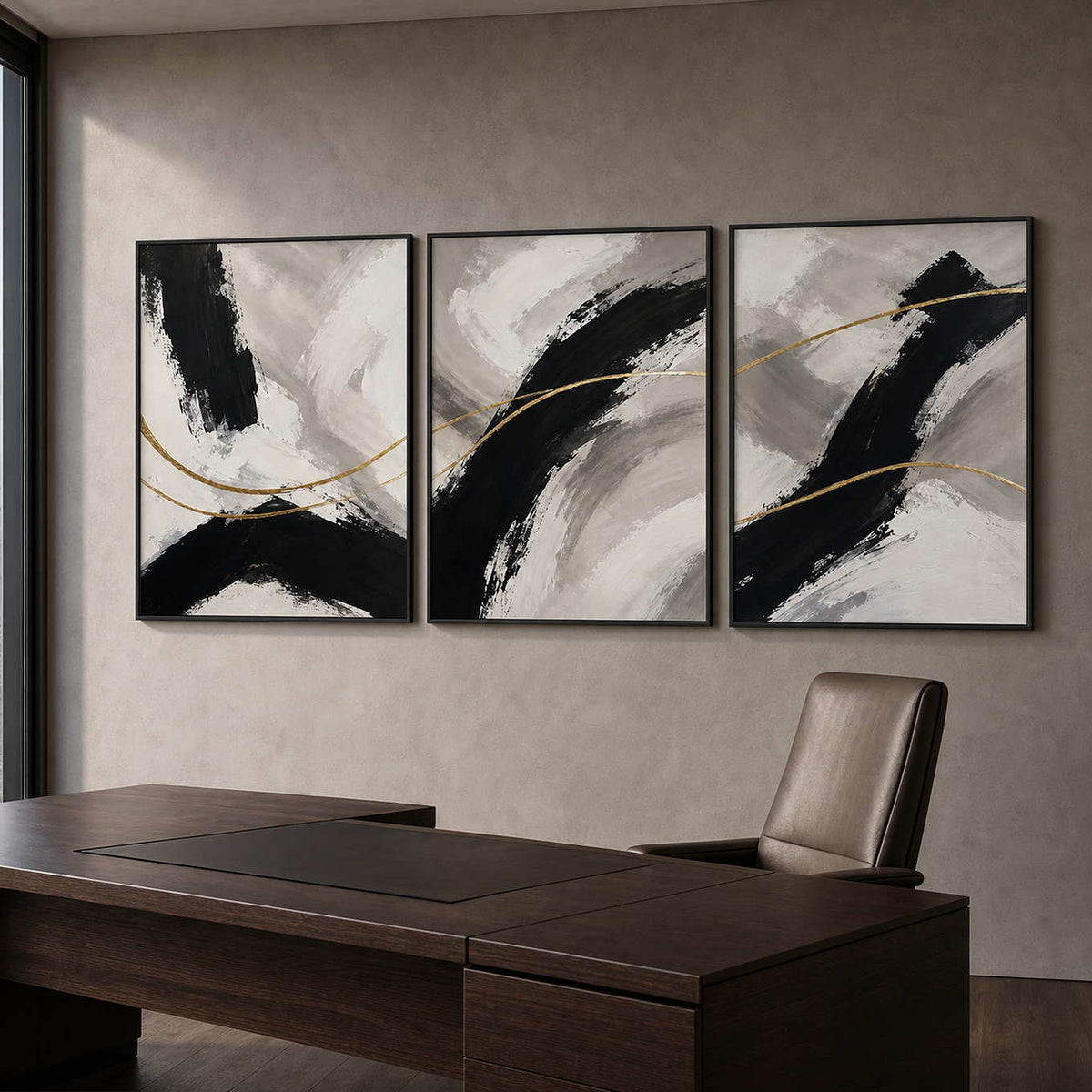 Black and gold abstract triptych displayed in a sophisticated dark office.