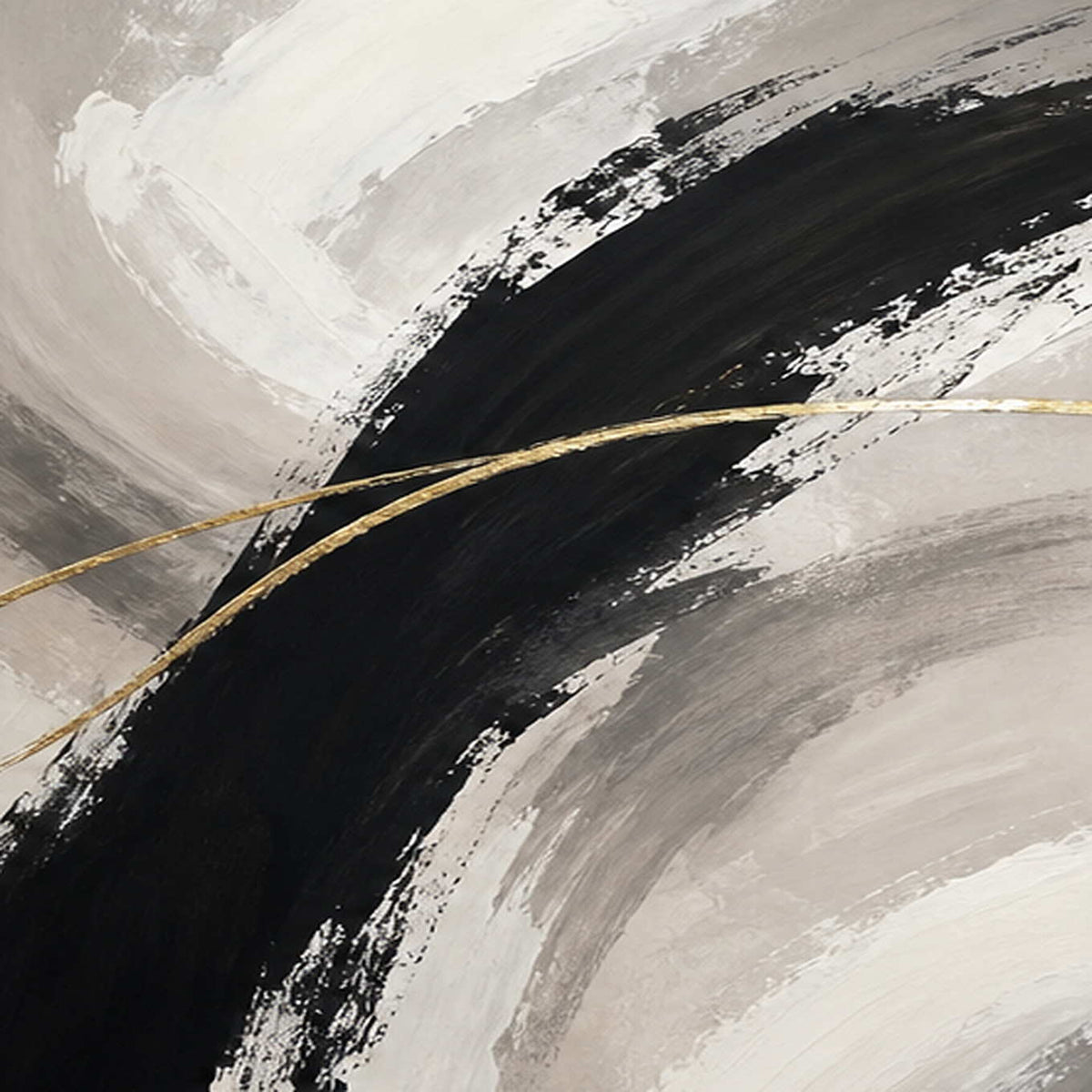 Close-up of layered black ivory gray brushwork and fine gold lines.