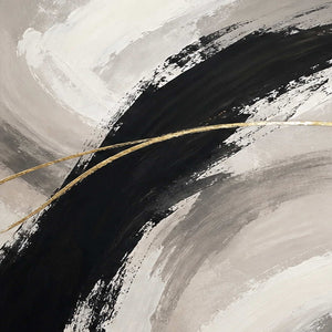 Close-up of layered black ivory gray brushwork and fine gold lines.