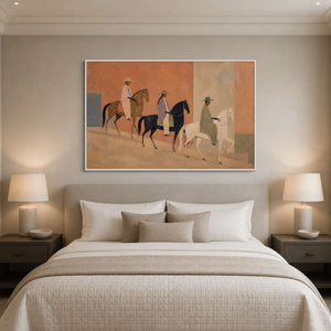Terracotta horse wall art in a white frame above a calm bedroom bed.