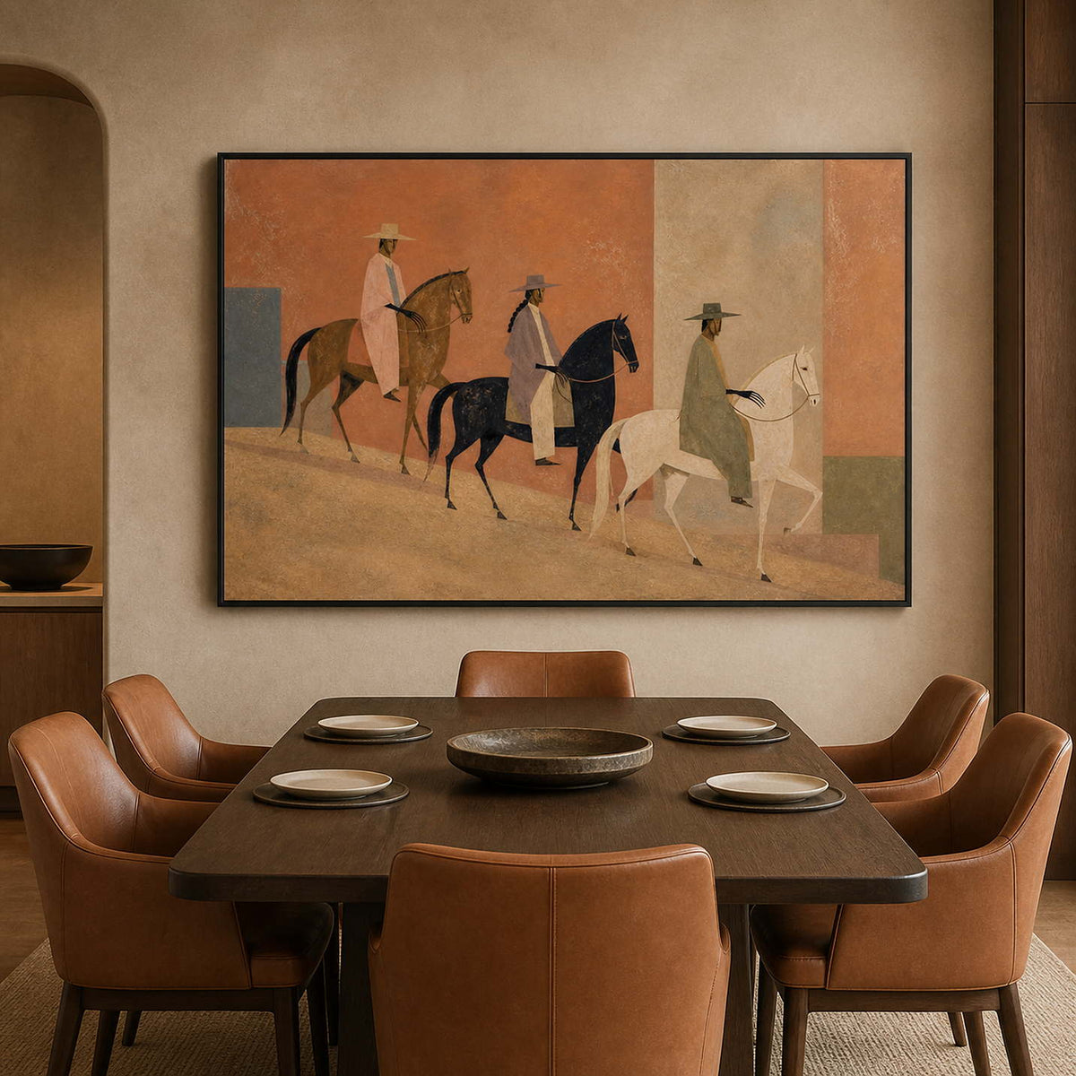 Western riders painting in a black frame beside a dark dining table.
