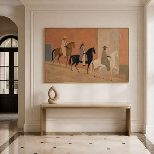 Warm horse wall art in a gold frame styled in an entryway.