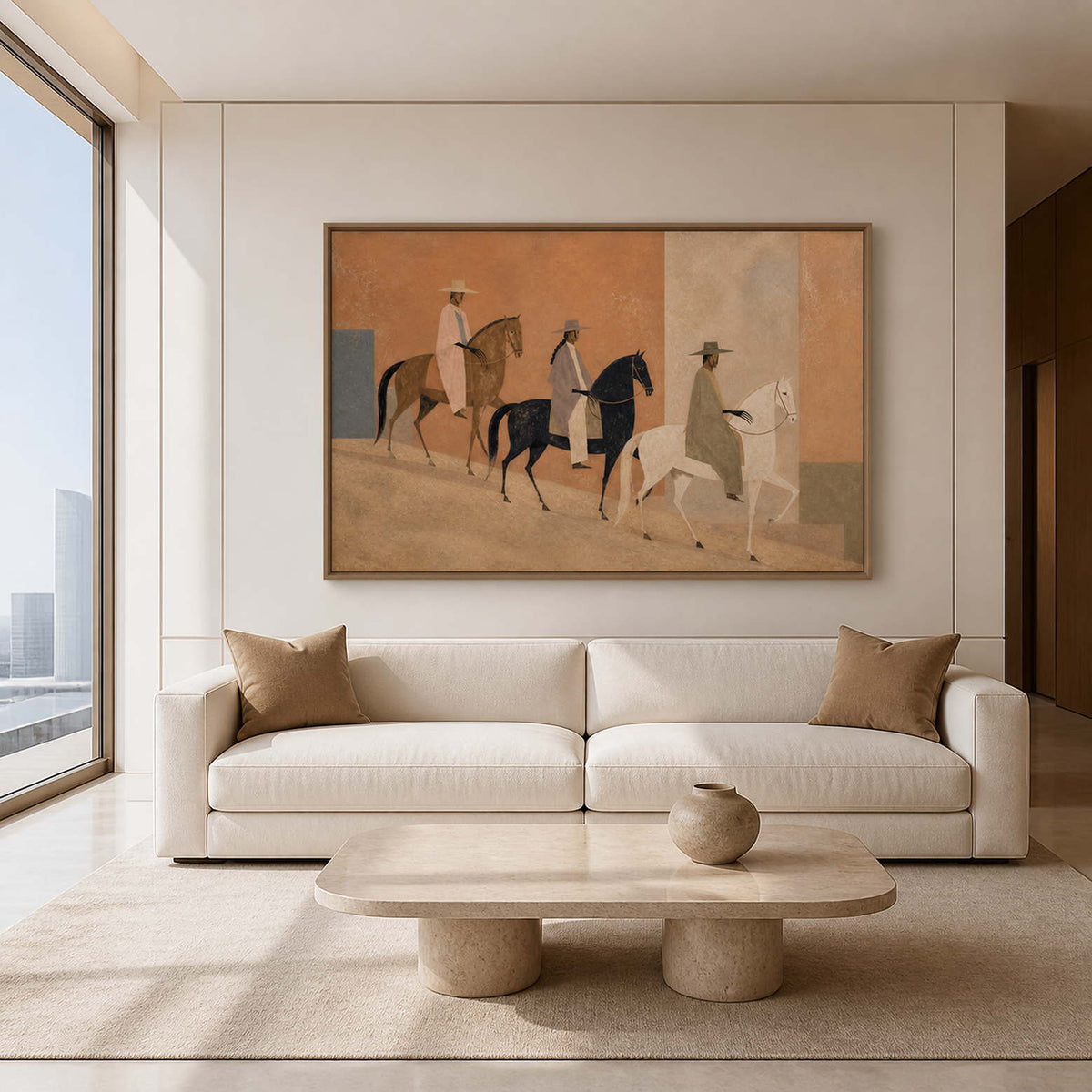 Western horse wall art in a wood frame above a bright living room sofa.
