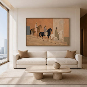 Western horse wall art in a wood frame above a bright living room sofa.