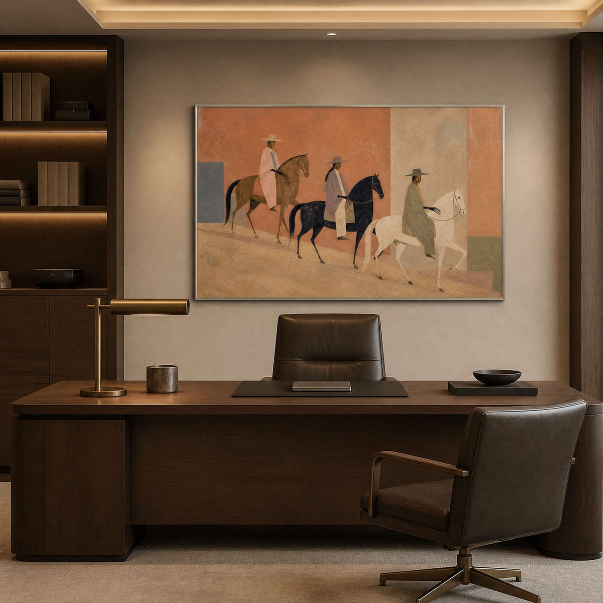 Geometric horse rider canvas in a silver frame displayed in an office.