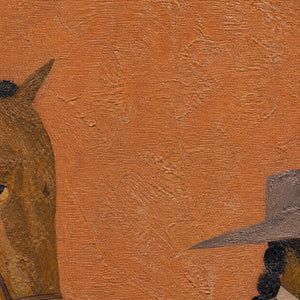 Close detail of weathered terracotta texture and geometric rider forms.